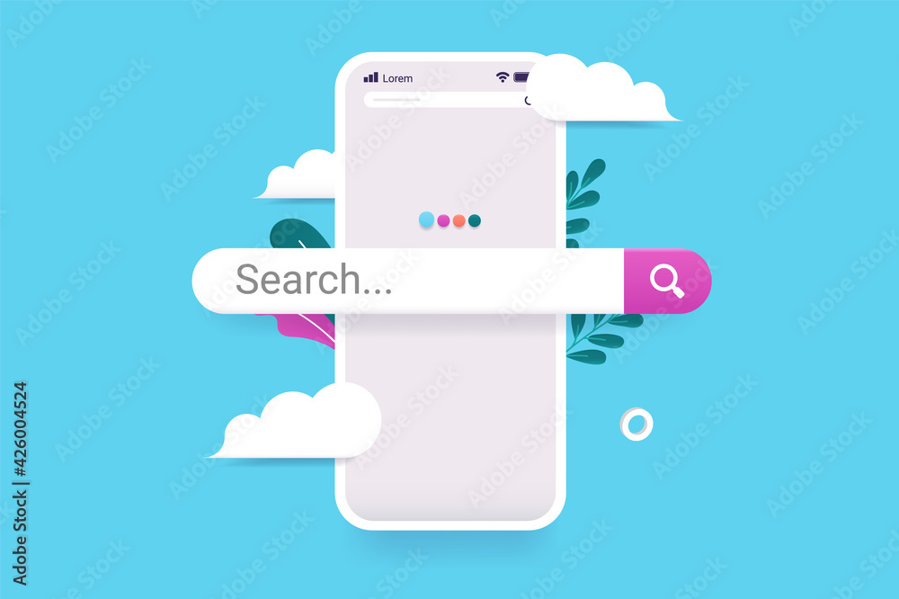 Poster Searching on internet with smartphone -  Mobile phone with search bar popping out. Beautiful 3d vector illustration with clouds and light blue background.