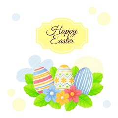 Fototapeta premium Simple Easter greeting poster with eggs, lives and flowers. Can be used for promotion, invitation, special offer typography template concept. Stock vector illustration in cartoon realistic style