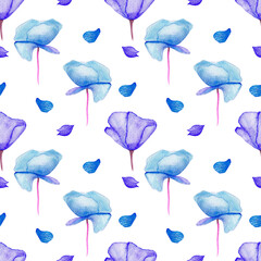 Watercolor floral pattern on a white background in blue color. Delicate botanical motif of poppy flowers. Blue flowers and petals isolated on white background. Botanical design for textiles, clothing 