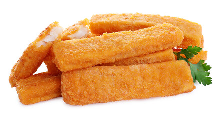 Tasty fresh fish fingers with parsley on white background
