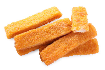 Tasty fresh fish fingers on white background, top view