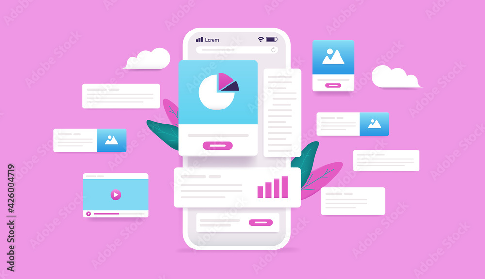 Fototapete Web analytics on smartphone - Mobile phone with graphs, charts, image and video content. Analysing web traffic concept. Editable vector illustration.