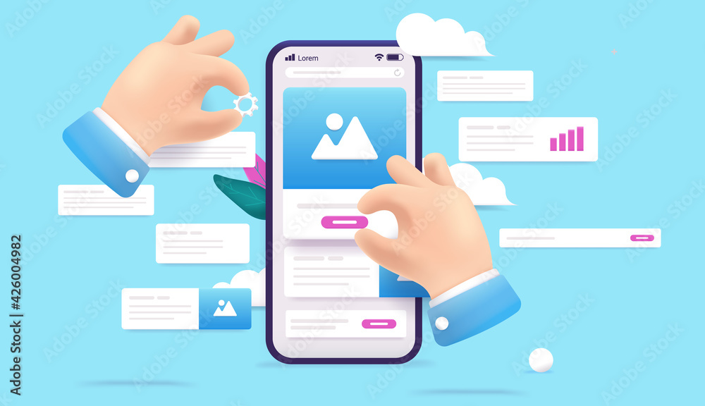 Poster Building app design - Hands developing smartphone application or website. Abstract UI design concept, 3d vector illustration.