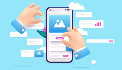 Building app design - Hands developing smartphone application or website. Abstract UI design concept, 3d vector illustration.