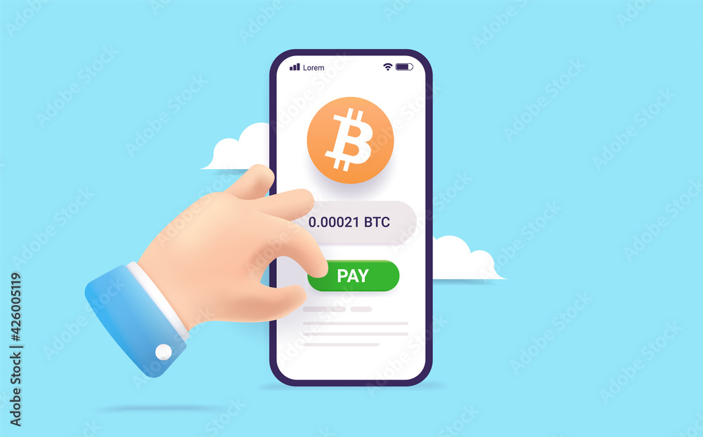 Poster bitcoin payment on smartphone - hand paying with bitcoin app on mobile phone, pushing pay button. 3d