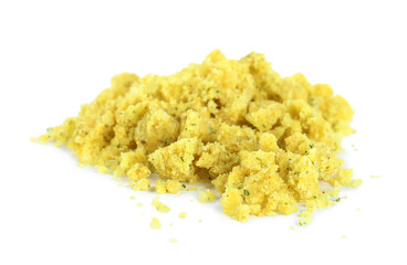 Aromatic crumbled bouillon cube on white background