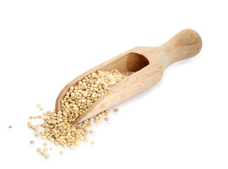 Wooden scoop with quinoa on white background