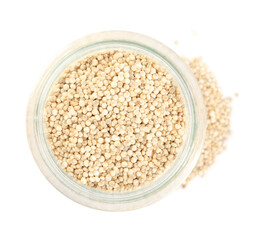 Jar with quinoa on white background, top view