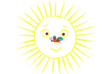 Sun with a butterfly on the nose. Childish drawing. Drawn by hand.