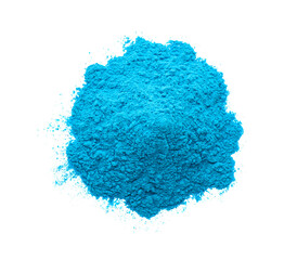 Pile of light blue powder isolated on white, top view. Holi festival celebration