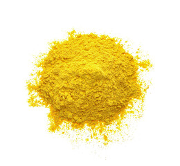 Pile of yellow powder isolated on white, top view. Holi festival celebration © New Africa