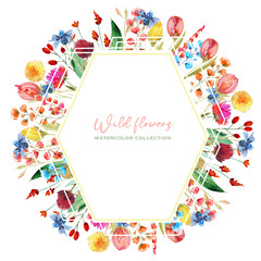 Polygonal frame of watercolor cornflowers, dandelion, clover and other wildflowers, isolated illustration on white background