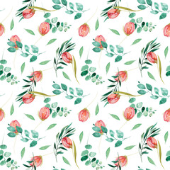 Watercolor seamless pattern of tulips, green leaves and eucalyptus branches, illustration on white background