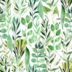 Watercolor seamless pattern of green leaves and branches, illustration on white background