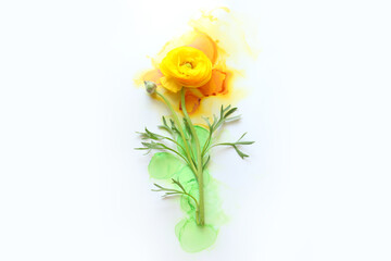 Creative image of beautiful yellow Buttercup flower on artistic ink background. Top view with copy space