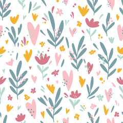 Seamless vector pattern cute hearts and tropical flowers and leaves. Hand drawn sweet products in sketchy style on the white background for kids, children. Creative universal cute  background in Scand