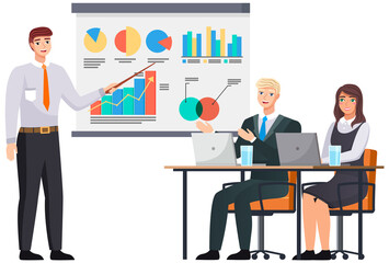 Successful business project presentation, company strategy planning, statistics indicators analysis