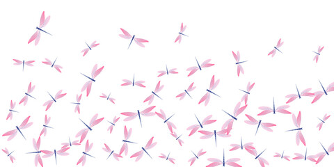 Magic rosy pink dragonfly flat vector illustration. Spring little insects. Simple dragonfly flat girly background. Tender wings damselflies patten. Fragile creatures