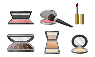 Decorative Cosmetics or Color Cosmetics with Eye Shadow and Facepowder Vector Set