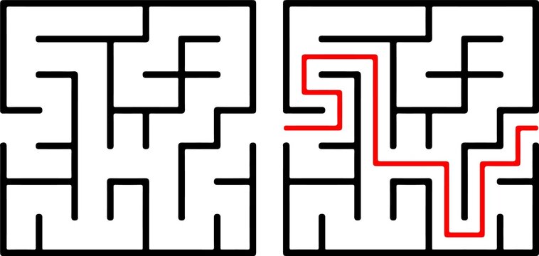 Education logic game labyrinth for kids. Find right way. Isolated simple square maze black line on white background. With the solution.