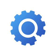 Investigación industrial. Engranaje con lupa en espacio negativo de color azul