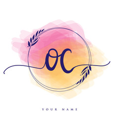 OC Initial handwriting logo. Hand lettering Initials logo branding, Feminine and luxury logo design isolated on colorful watercolor background.