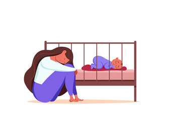 Postpartum depression illustration of sad tired woman near newborn baby sleeping in flat style.
