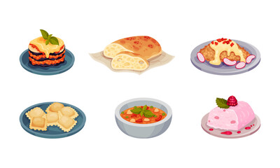 Italian Cuisine Dishes with Minestrone Vegetable Soup and Pasta Vector Set