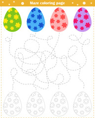  Logic game for children. Go through the maze and paint the eggs according to the pattern