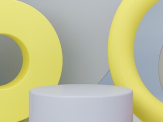 Gray and yellow minimal podium with geometrical forms to show a product. Minimal scene with podium and gray abstract background. 3d render. 