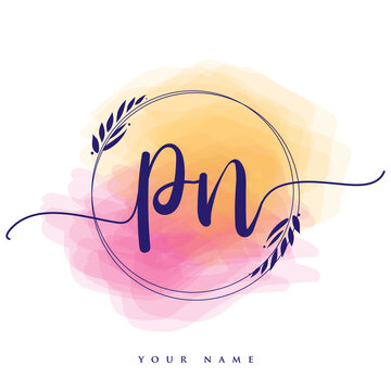 PN Initial handwriting logo. Hand lettering Initials logo branding, Feminine and luxury logo design isolated on colorful watercolor background.