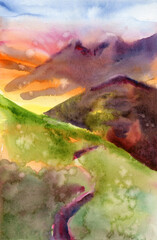 Mountain landscape. Picture created with watercolors. Digital printable landscape