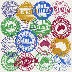 Adelaide Australia Set of Stamps. Travel Stamp. Made In Product. Design Seals Old Style Insignia.