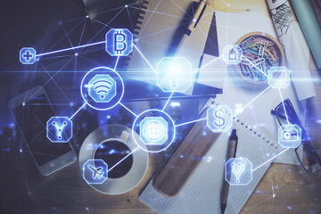 Double exposure of social network theme drawing and work table top veiw. Concept of international connection.