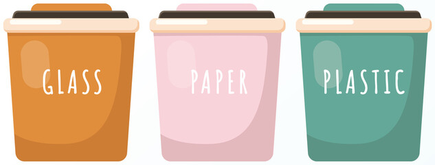 Garbage sorting. Different color recycle bins with glass, plastic and paper. Zero waste concept