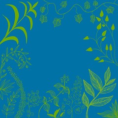 Fototapeta na wymiar Sfondo azzurro quadrato con foglie verdi. Cornice botanica disegnata 