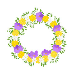 Flora decor frame wreath yellow purple flowers vector illustration