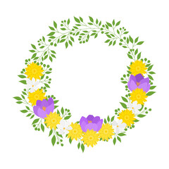 Flora decor frame wreath yellow purple flowers vector illustration
