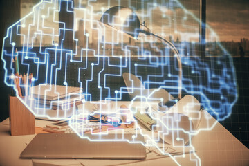 Double exposure of brain drawing and office interior background. Concept of data technology.