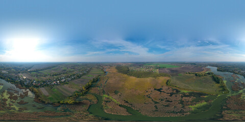 360 degree panorama of the river's valley with swamp, Natural pattern on wide riches