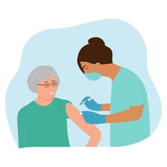 Vaccine elderly.  Doctor holds an injection vaccination senior.  Vaccination concept. Vector illustration.