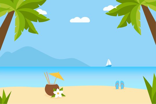 Tropical landscape of coast beautiful sea shore beach.Good sunny day. Cocktail on the sandy shore.Vector flat colorful illustration