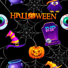 Halloween seamless pattern, black scary background with spiders.