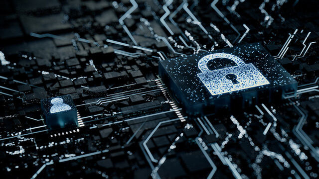 Security Technology Concept with lock symbol on a Microchip. White Neon Data flows between the CPU and the User across a Futuristic Motherboard. 3D render.