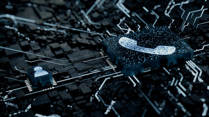 Communication Technology Concept with phone symbol on a Microchip. White Neon Data flows between the CPU and the User across a Futuristic Motherboard. 3D render.