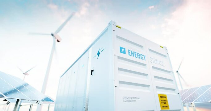 Modern battery energy storage system with wind turbines and solar panel power plants in background. 3d rendering clip