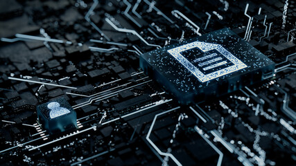 Word document Technology Concept with document symbol on a Microchip. White Neon Data flows between the CPU and the User across a Futuristic Motherboard. 3D render.