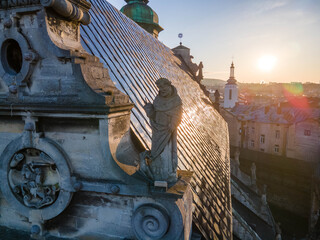 Aerial view of a statue on top of the Bernardine church in Lviv.