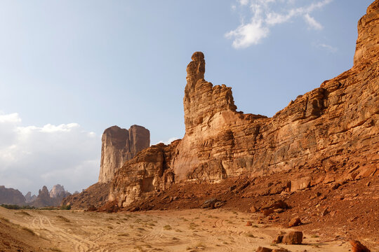 Typical landscape with eroded mountains in the desert oasis of Al Ula in Saudi Arabia