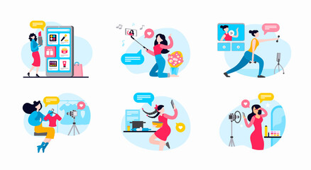 Female bloggers and vloggers making content, recording video live streaming and selfie. Fashion review, culinary blog, cosmetics product, fitness coach, makeup artist. Set of flat vector illustrations